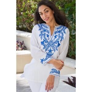 Barbara Gerwit XL Embroidered Linen Tunic Top Sea Life Coastal Boho White Blue